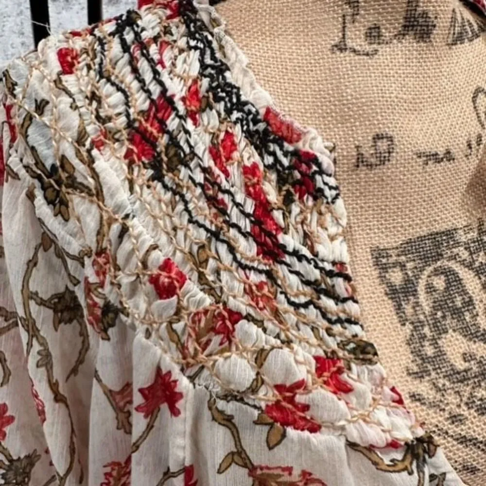Free People Women's Keeping Up With Kara Floral Tunic Top Ivory Red Size Medium‎